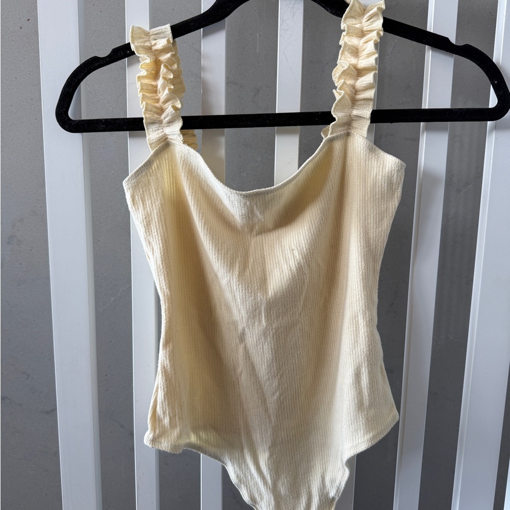 Sunday Best Cream Ruffle-Strap Ribbed One-Piece Bodysuit